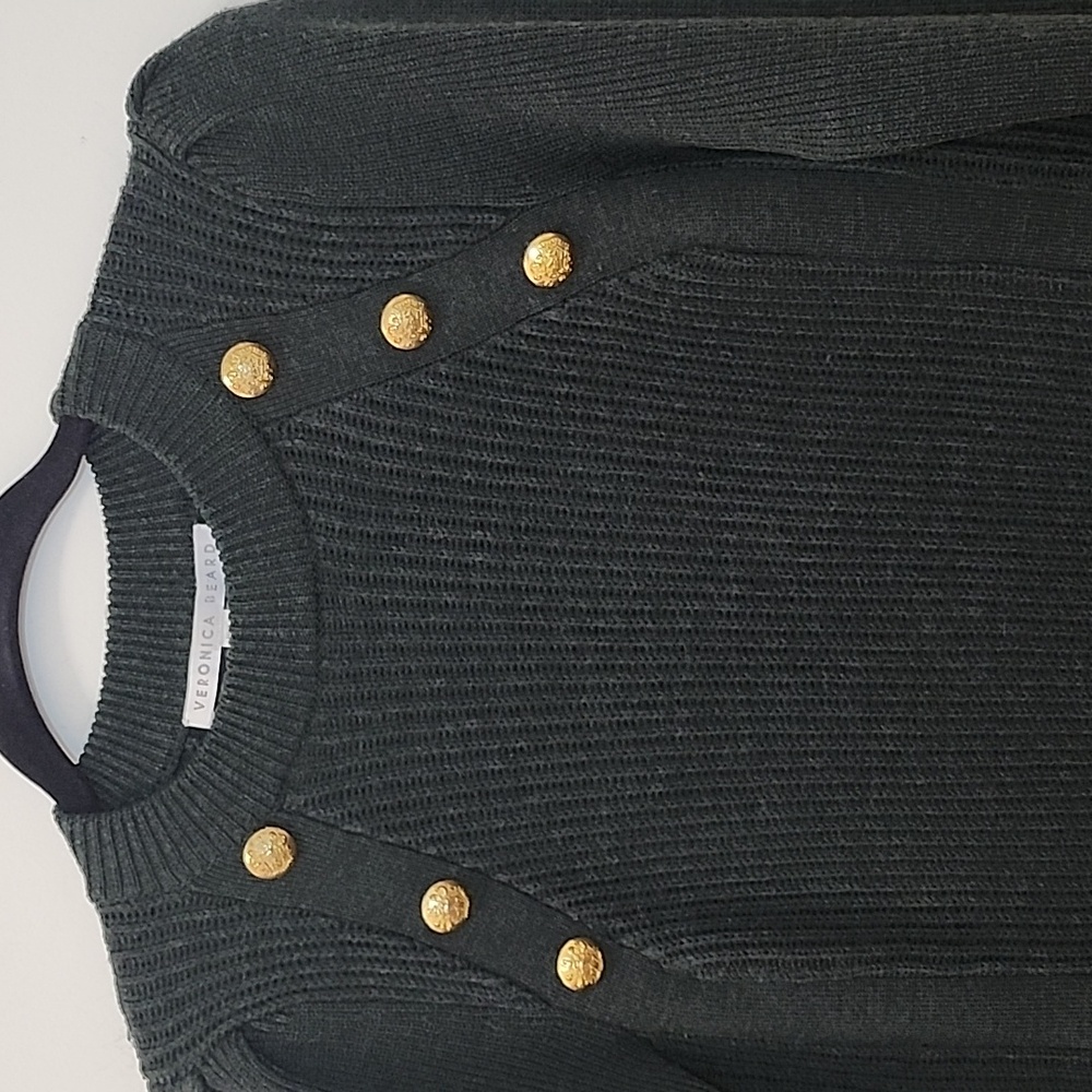 Veronica Beard Kelly Green 100% Wool Sweater Button Shoulder Raglan Dark Sz S - Picture 3 of 16